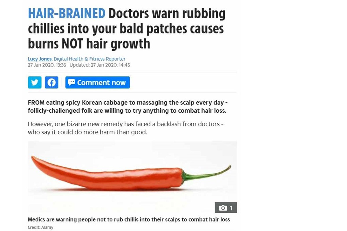 Doctors warn rubbing chillies into your bald patches causes burns NOT hair growth
