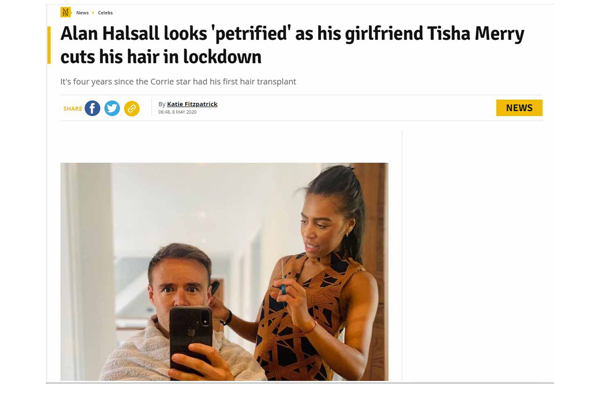 Alan Halsall looks ‘petrified’ as his girlfriend Tisha Merry cuts his hair in lockdown