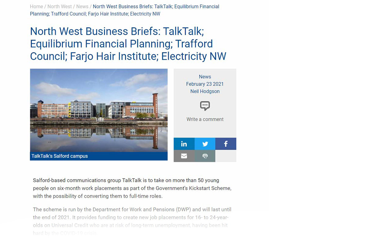 North West Business Briefs: TalkTalk; Equilibrium Financial Planning; Trafford Council; Farjo Hair Institute; Electricity NW