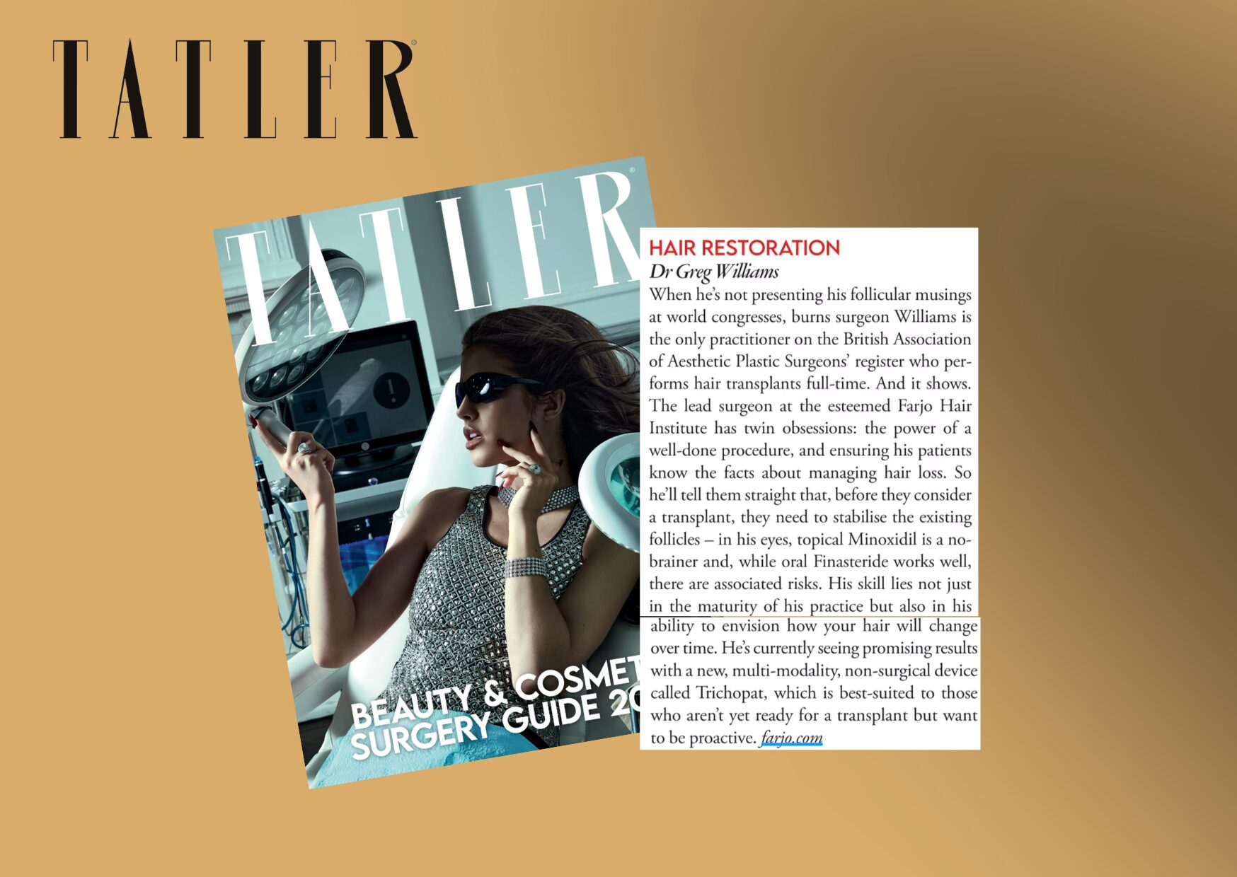 Dr Greg Williams feature in the Tatler Beauty & Cosmetic Surgery Guide 2025 as a rising star in hair restoration. 