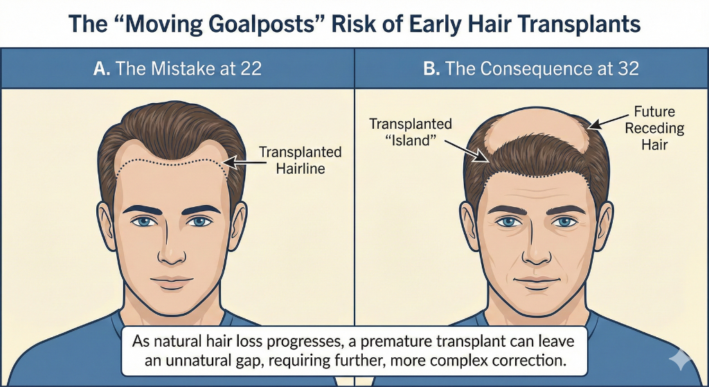 Illustration demonstrating the risk of having a hair transplant too young.